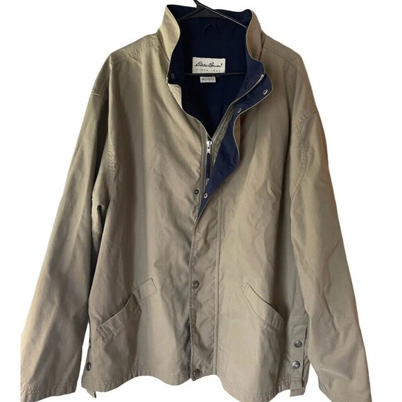 Eddie Bauer Jacket Mens Large Beige Bomber Outdoor Field Khaki Tan Canvas - Picture 1 of 12